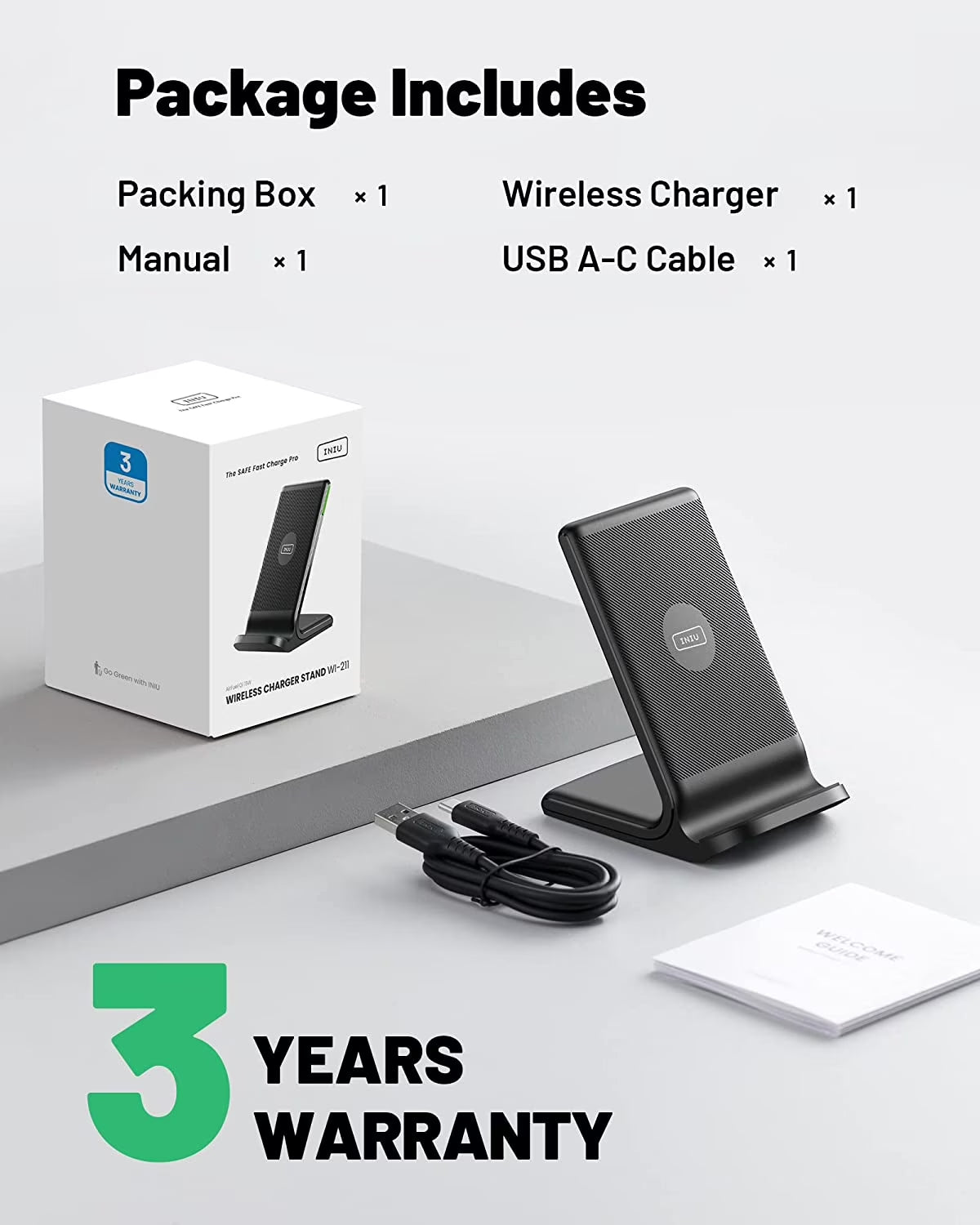 Wireless Charger, 15W Fast Charging Station with Adaptive Light for Iphone and Samsung, Black