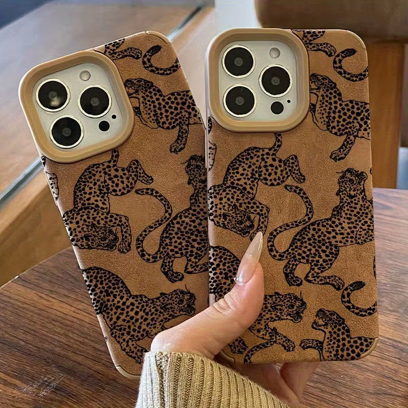 Vivid Leopard Pattern Bonded Leather Phone Case for Iphone 18 17 16 15 14 Pro Max 13 12 11 XS XR 16 plus Shockproof Bumper Cover