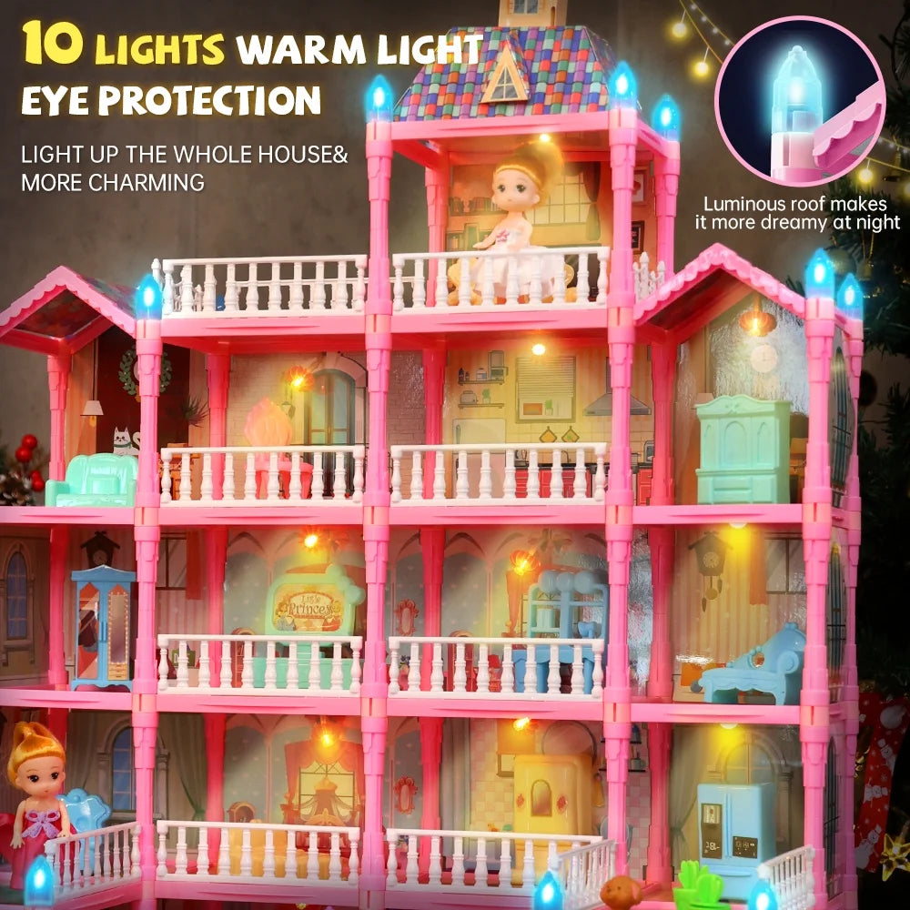 Doll House for Girls, 5-Story 19 Rooms Huge Dollhouse Playset with LED Lights, 2 Dolls, Furnitures, Accessories, DIY Pretend Play House Toys Gifts for Kids, Pink