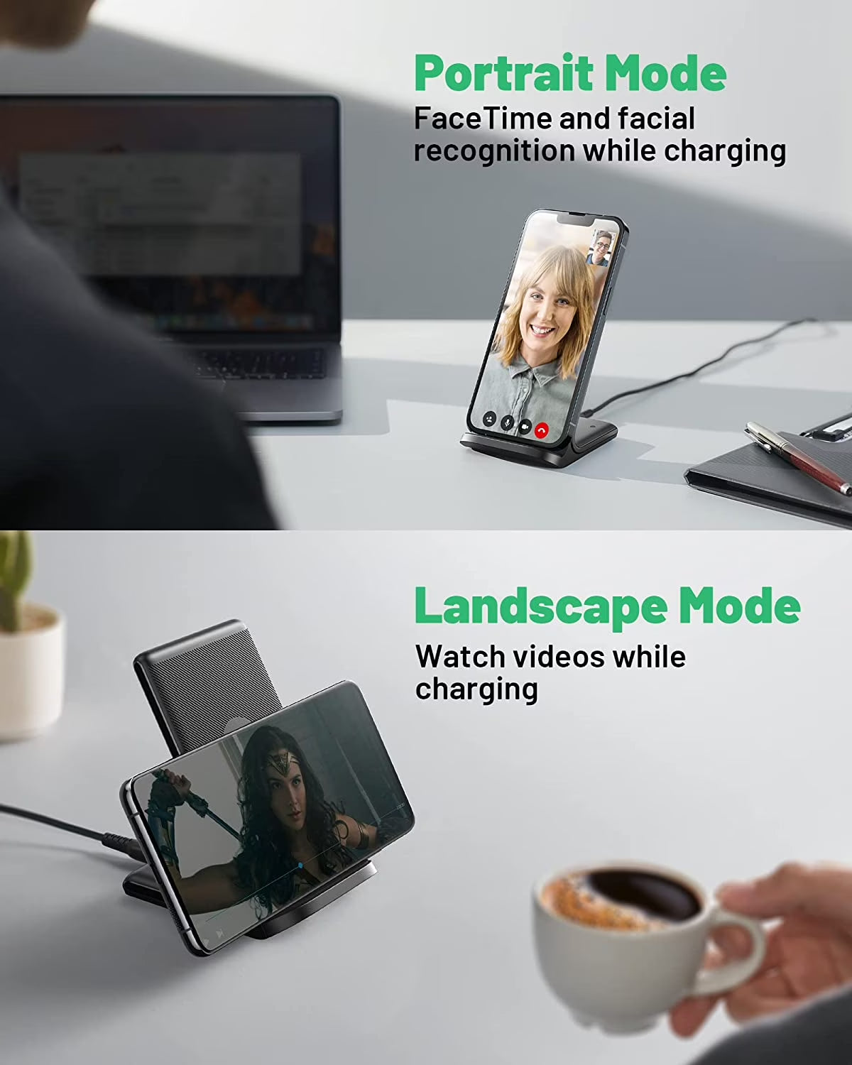Wireless Charger, 15W Fast Charging Station with Adaptive Light for Iphone and Samsung, Black