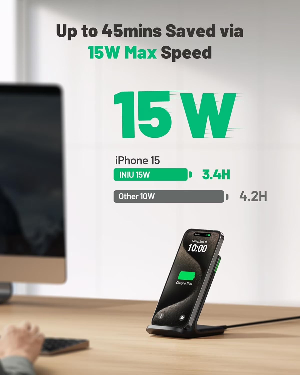 Wireless Charger, 15W Fast Charging Station with Adaptive Light for Iphone and Samsung, Black